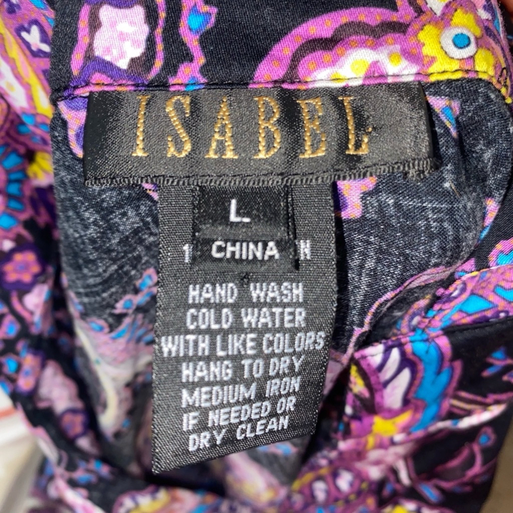 Isabel Tunic length button down blouse- Black Purple paisley design, Size L - Picture 3 of 4